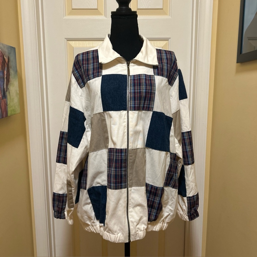 Alfred Dunner Cream Cotton Blend Patchwork Zip Up Jacket